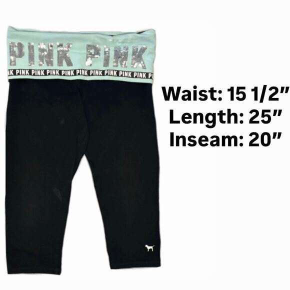 Y2K Victorias Secret Pink Yoga Crop Foldover Leggings Sequin Medium Black Teal - Picture 8 of 8